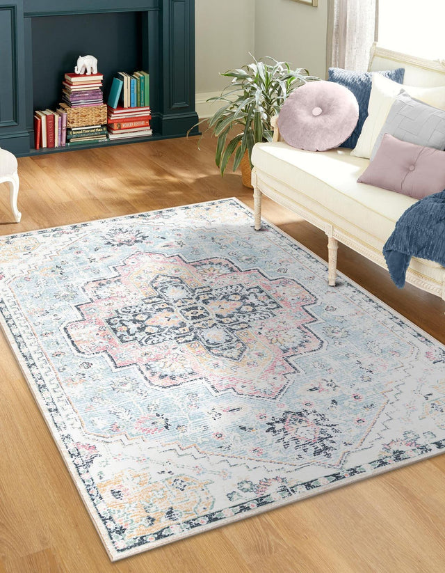 Washable Seaglass Blue and Rose 5' 3 x 7' 9 Medina Rectangle Area Rug Easy to Clean Stain Resistant & Durable Polyester Classic Carpet for Home Decor & Design for Sale at Rug Engine