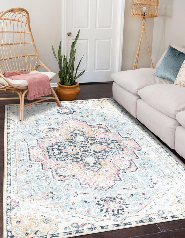 Washable Seaglass Blue and Rose 5' 3 x 7' 9 Medina Rectangle Area Rug Easy to Clean Stain Resistant & Durable Polyester Classic Carpet for Home Decor & Design for Sale at Rug Engine