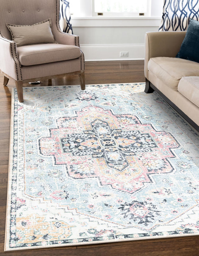 Washable Seaglass Blue and Rose 5' 3 x 7' 9 Medina Rectangle Area Rug Easy to Clean Stain Resistant & Durable Polyester Classic Carpet for Home Decor & Design for Sale at Rug Engine