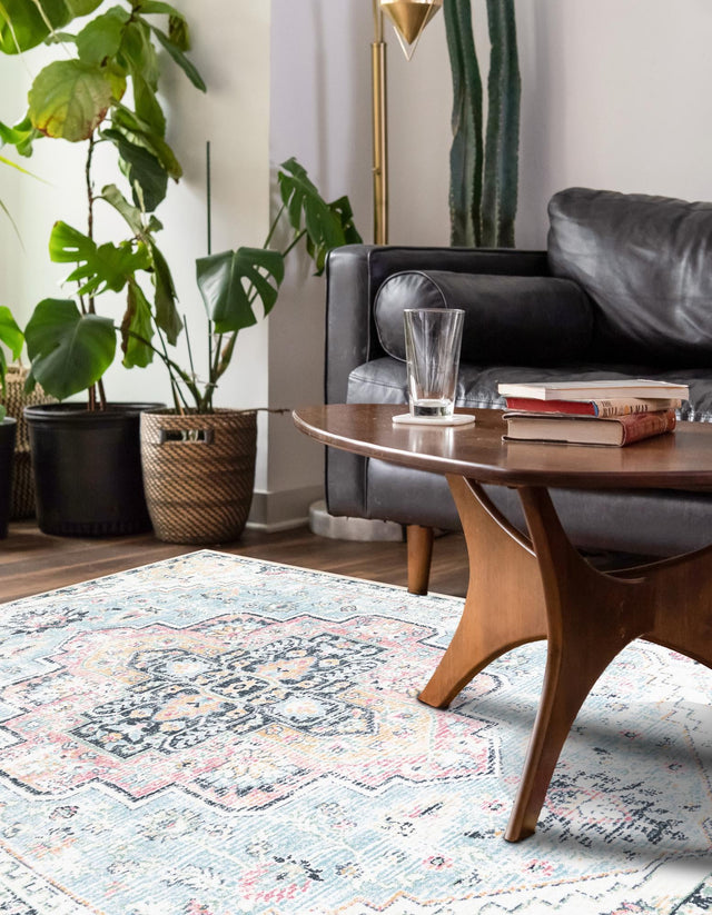 Washable Seaglass Blue and Rose 5' 3 x 7' 9 Medina Rectangle Area Rug Easy to Clean Stain Resistant & Durable Polyester Classic Carpet for Home Decor & Design for Sale at Rug Engine