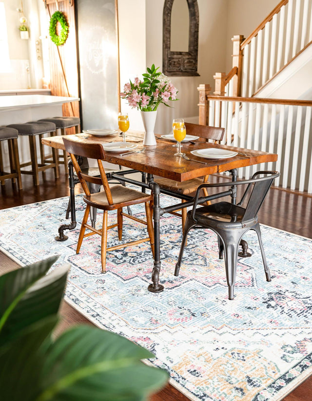 Washable Seaglass Blue and Rose 5' 3 x 7' 9 Medina Rectangle Area Rug Easy to Clean Stain Resistant & Durable Polyester Classic Carpet for Home Decor & Design for Sale at Rug Engine