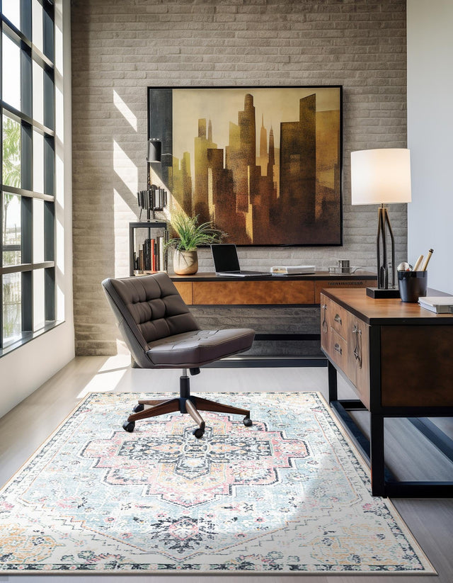 Washable Seaglass Blue and Rose 5' 3 x 7' 9 Medina Rectangle Area Rug Easy to Clean Stain Resistant & Durable Polyester Classic Carpet for Home Decor & Design for Sale at Rug Engine