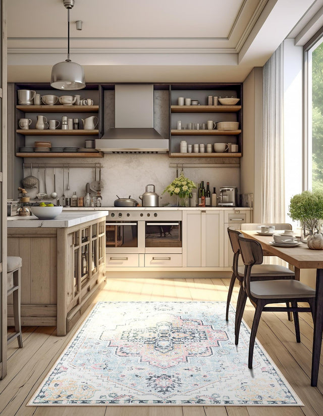 Washable Seaglass Blue and Rose 5' 3 x 7' 9 Medina Rectangle Area Rug Easy to Clean Stain Resistant & Durable Polyester Classic Carpet for Home Decor & Design for Sale at Rug Engine