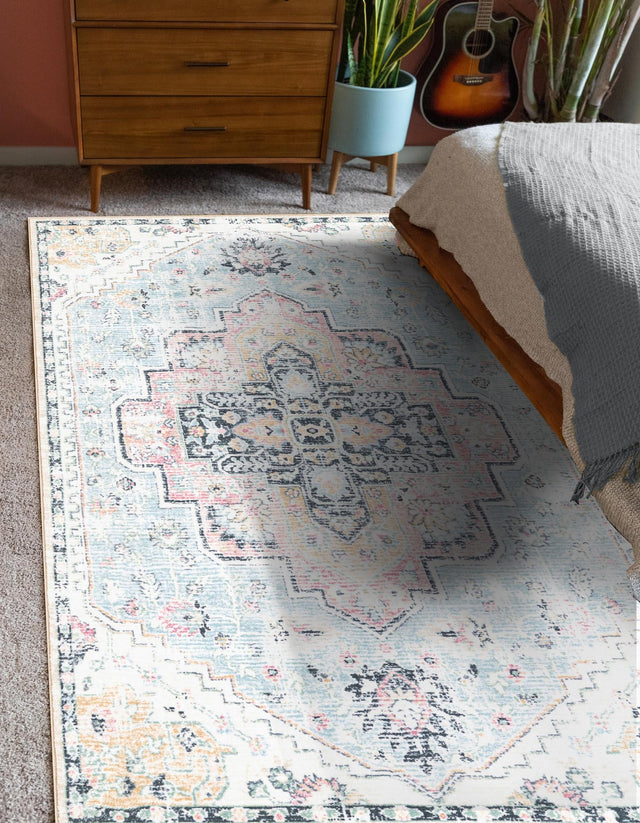 Washable Seaglass Blue and Rose 5' 3 x 7' 9 Medina Rectangle Area Rug Easy to Clean Stain Resistant & Durable Polyester Classic Carpet for Home Decor & Design for Sale at Rug Engine