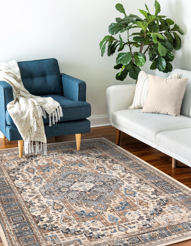 Washable Tan 5' 3 x 7' 9 Medina Rectangle Area Rug Easy to Clean Stain Resistant & Durable Polyester Classic Carpet for Home Decor & Design for Sale at Rug Engine