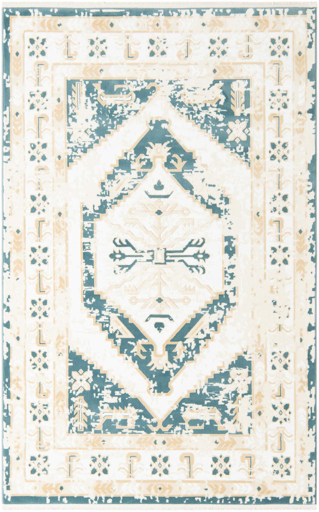 Blue and Ivory 5' 3 x 8' Narenj Rectangle Area Rug 85% Polypropylene & 15% Polyester Traditional Classic Carpet for Living, Dining, Bedrooms, Office for Sale at Rug Engine