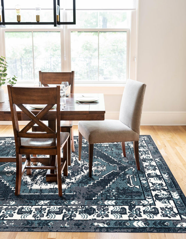 Midnight Blue 7' 10 x 10' Narenj Rectangle Area Rug 85% Polypropylene & 15% Polyester Traditional Classic Carpet for Living, Dining, Bedrooms, Office for Sale at Rug Engine