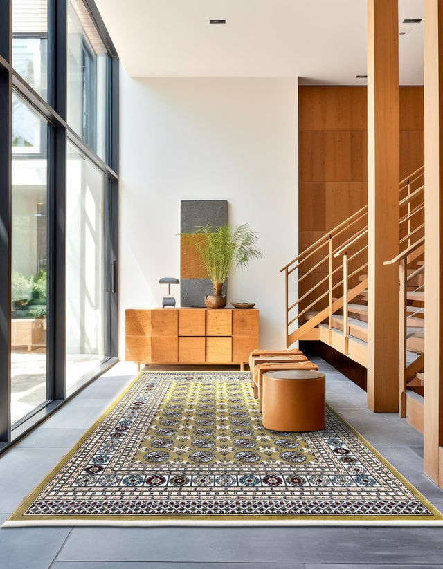 Olive Green 7' 10 x 10' Narenj Rectangle Area Rug 85% Polypropylene & 15% Polyester Traditional Classic Carpet for Living, Dining, Bedrooms, Office for Sale at Rug Engine