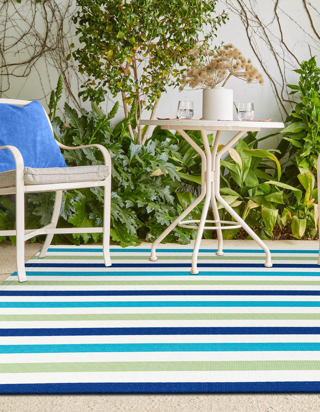 Blue and Green 4' 1 x 6' 1 Vista Breeze Outdoor Rectangle Area Rug Weather Resistant for Patio, Deck, Terrace, Balcony, Porch Colorful Vivid Modern Outside Carpet for Sale at Rug Engine