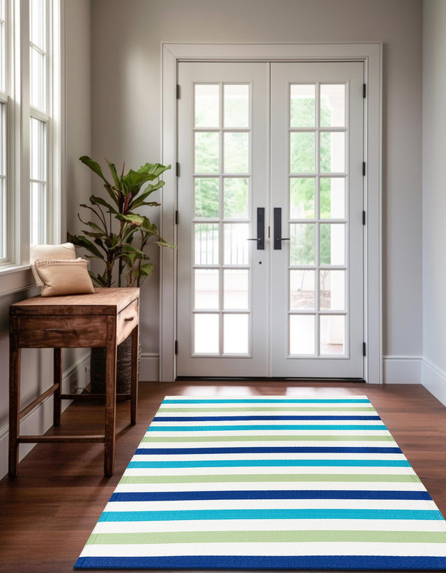 Blue and Green 4' 1 x 6' 1 Vista Breeze Outdoor Rectangle Area Rug Weather Resistant for Patio, Deck, Terrace, Balcony, Porch Colorful Vivid Modern Outside Carpet for Sale at Rug Engine