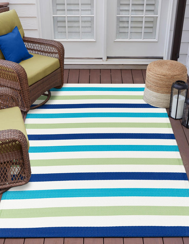 Blue and Green 4' 1 x 6' 1 Vista Breeze Outdoor Rectangle Area Rug Weather Resistant for Patio, Deck, Terrace, Balcony, Porch Colorful Vivid Modern Outside Carpet for Sale at Rug Engine