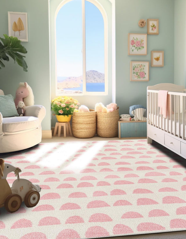 Ivory and Pink 5' 1 x 8' Whimsy Kids Rectangle Area Rug for Baby Nursery, Toddler Playroom, Bedrooms