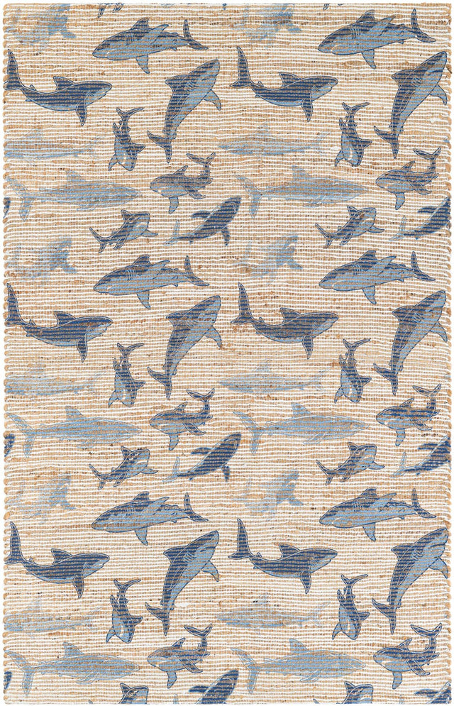 Ivory and Blue 4' 1 x 6' 1 Chenille Jute Rectangle Area Rug Vintage Distressed Boho All Natural Eco-Friendly Sustainable Carpet for Living Dining Office Dorm Rooms for Sale at Rug Engine