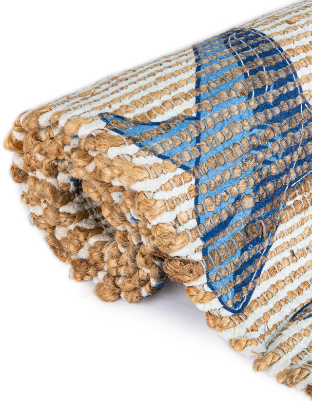 Ivory and Blue 4' 1 x 6' 1 Chenille Jute Rectangle Area Rug Vintage Distressed Boho All Natural Eco-Friendly Sustainable Carpet for Living Dining Office Dorm Rooms for Sale at Rug Engine