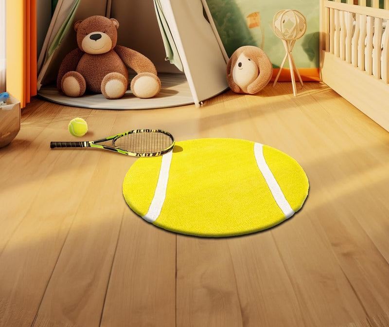 Tennis ball yellow hand tufted round wool area rug for kids.