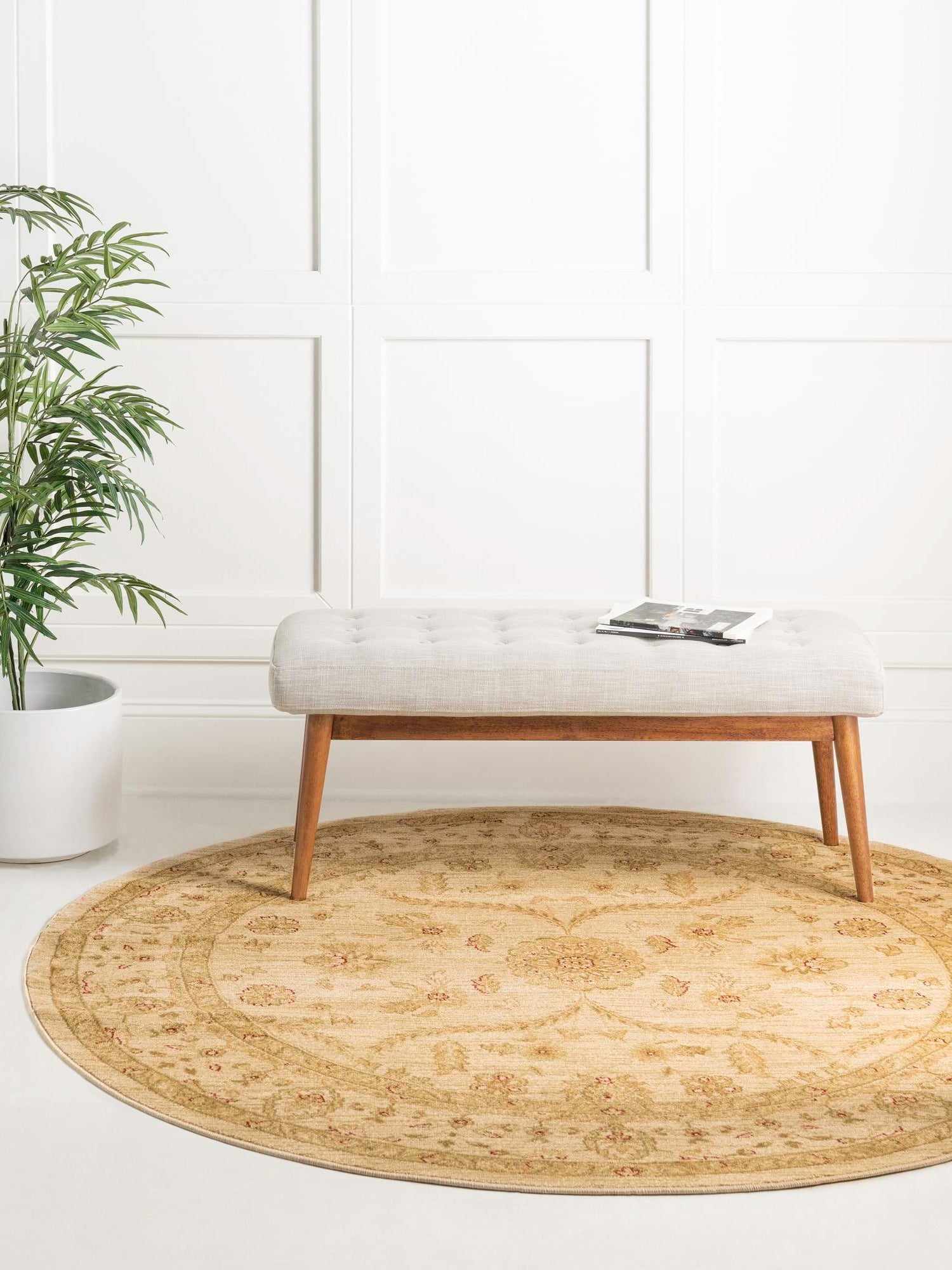 Cream 6' 1 x 6' 1 Edinburgh Round Area Rug 100% Polypropylene Easy Clean With Cotton Backing Traditional Classic Design Carpet for Living, Dining Room, Office for Sale at Rug Engine