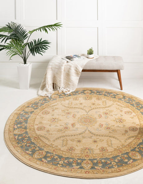 Champagne 8' x 8' Edinburgh Round Area Rug 100% Polypropylene Easy Clean With Cotton Backing Traditional Classic Design Carpet for Living, Dining Room, Office for Sale at Rug Engine