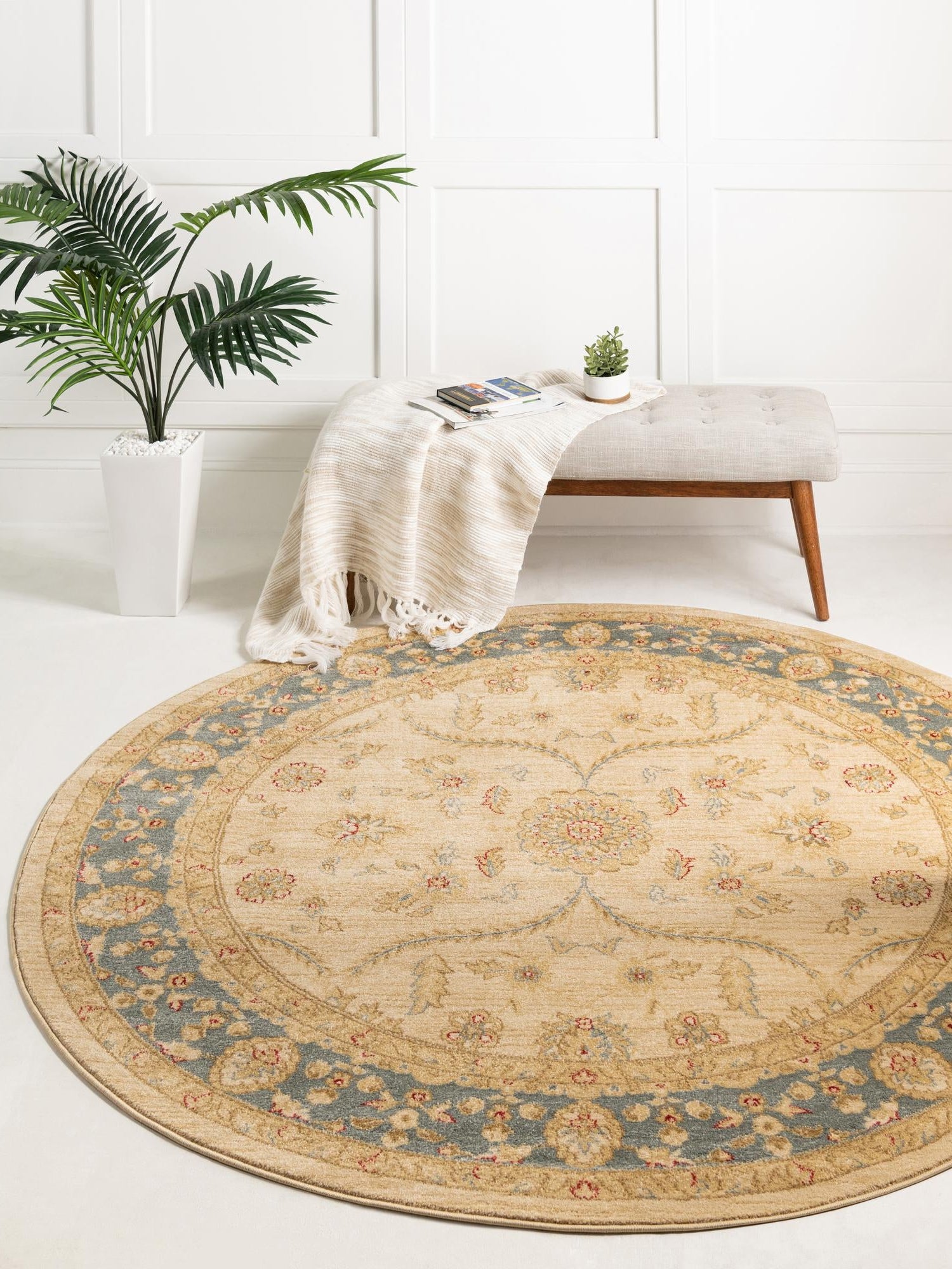 Champagne 6' 1 x 6' 1 Edinburgh Round Area Rug 100% Polypropylene Easy Clean With Cotton Backing Traditional Classic Design Carpet for Living, Dining Room, Office for Sale at Rug Engine