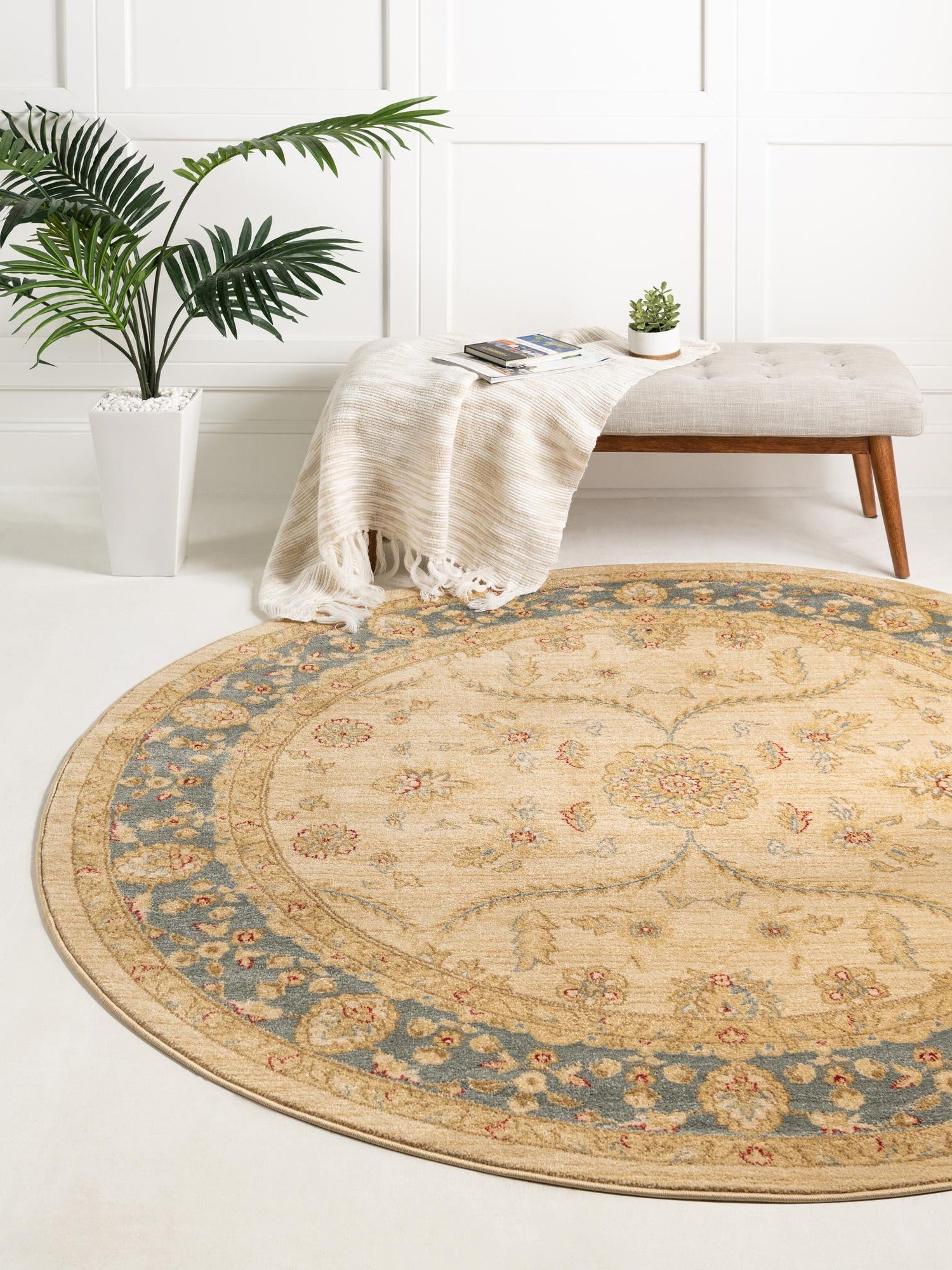 Champagne 6' 1 x 6' 1 Edinburgh Round Area Rug 100% Polypropylene Easy Clean With Cotton Backing Traditional Classic Design Carpet for Living, Dining Room, Office for Sale at Rug Engine