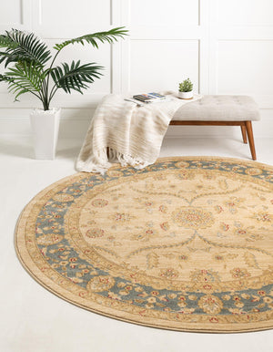 Champagne 6' 1 x 6' 1 Edinburgh Round Area Rug 100% Polypropylene Easy Clean With Cotton Backing Traditional Classic Design Carpet for Living, Dining Room, Office for Sale at Rug Engine