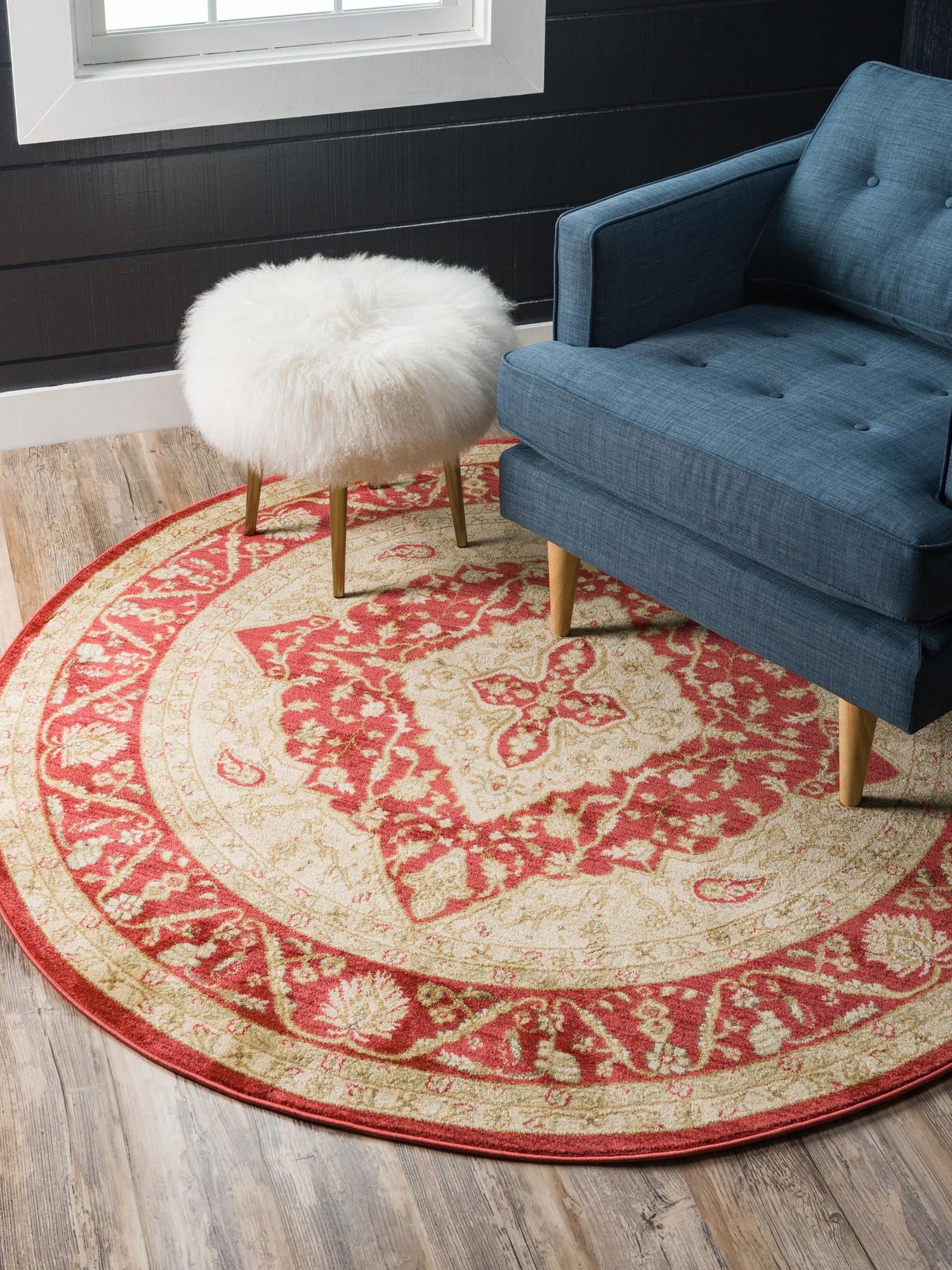 Red 8' x 8' Edinburgh Round Area Rug 100% Polypropylene Easy Clean With Cotton Backing Traditional Classic Design Carpet for Living, Dining Room, Office for Sale at Rug Engine