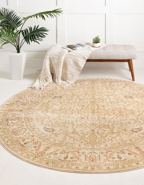 Cream 6' 1 x 6' 1 Edinburgh Round Area Rug 100% Polypropylene Easy Clean With Cotton Backing Traditional Classic Design Carpet for Living, Dining Room, Office for Sale at Rug Engine