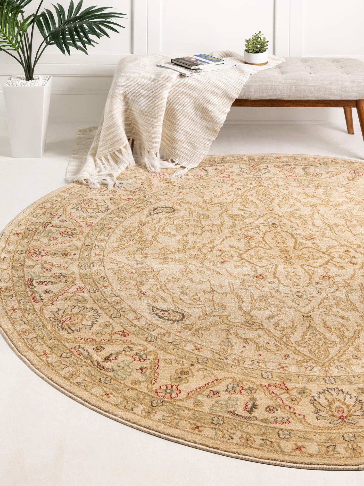 Cream 6' 1 x 6' 1 Edinburgh Round Area Rug 100% Polypropylene Easy Clean With Cotton Backing Traditional Classic Design Carpet for Living, Dining Room, Office for Sale at Rug Engine