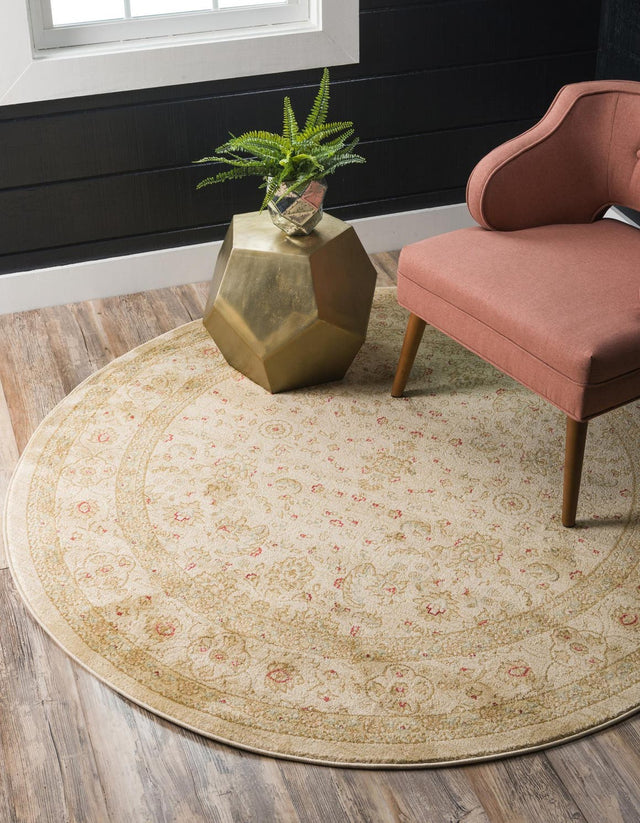 Cream 6' 1 x 6' 1 Edinburgh Round Area Rug 100% Polypropylene Easy Clean With Cotton Backing Traditional Classic Design Carpet for Living, Dining Room, Office for Sale at Rug Engine