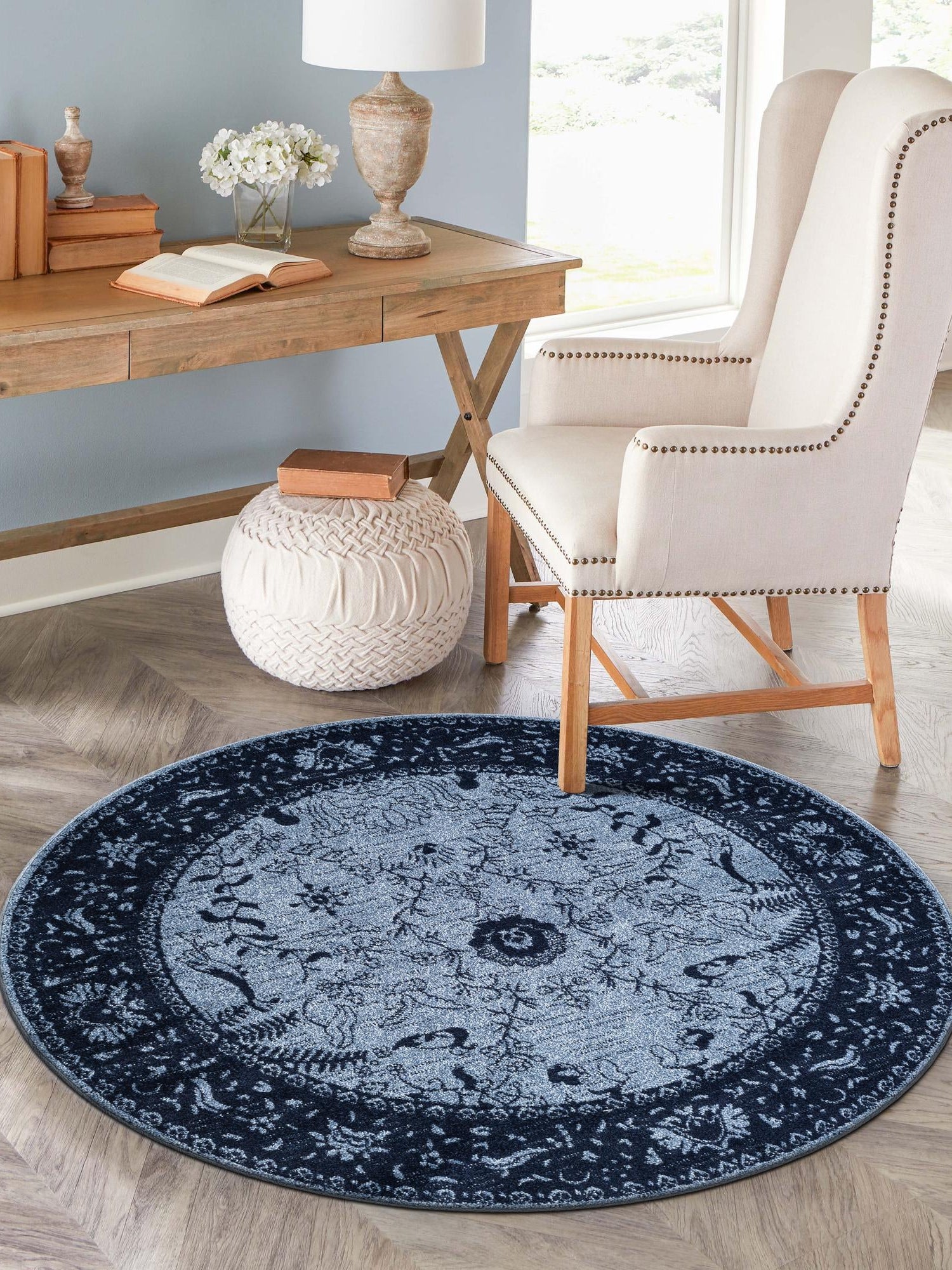 Blue 6' 1 x 6' 1 La Jolla Round Area Rug 100% Polypropylene Traditional Pattern Easy Clean Carpet for Living, Dining, Bedroom, Office for Sale at Rug Engine
