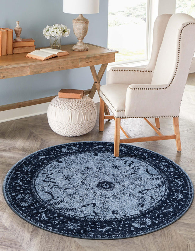Blue 6' 1 x 6' 1 La Jolla Round Area Rug 100% Polypropylene Traditional Pattern Easy Clean Carpet for Living, Dining, Bedroom, Office for Sale at Rug Engine