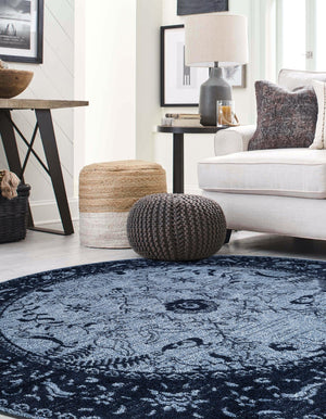 Blue 6' 1 x 6' 1 La Jolla Round Area Rug 100% Polypropylene Traditional Pattern Easy Clean Carpet for Living, Dining, Bedroom, Office for Sale at Rug Engine