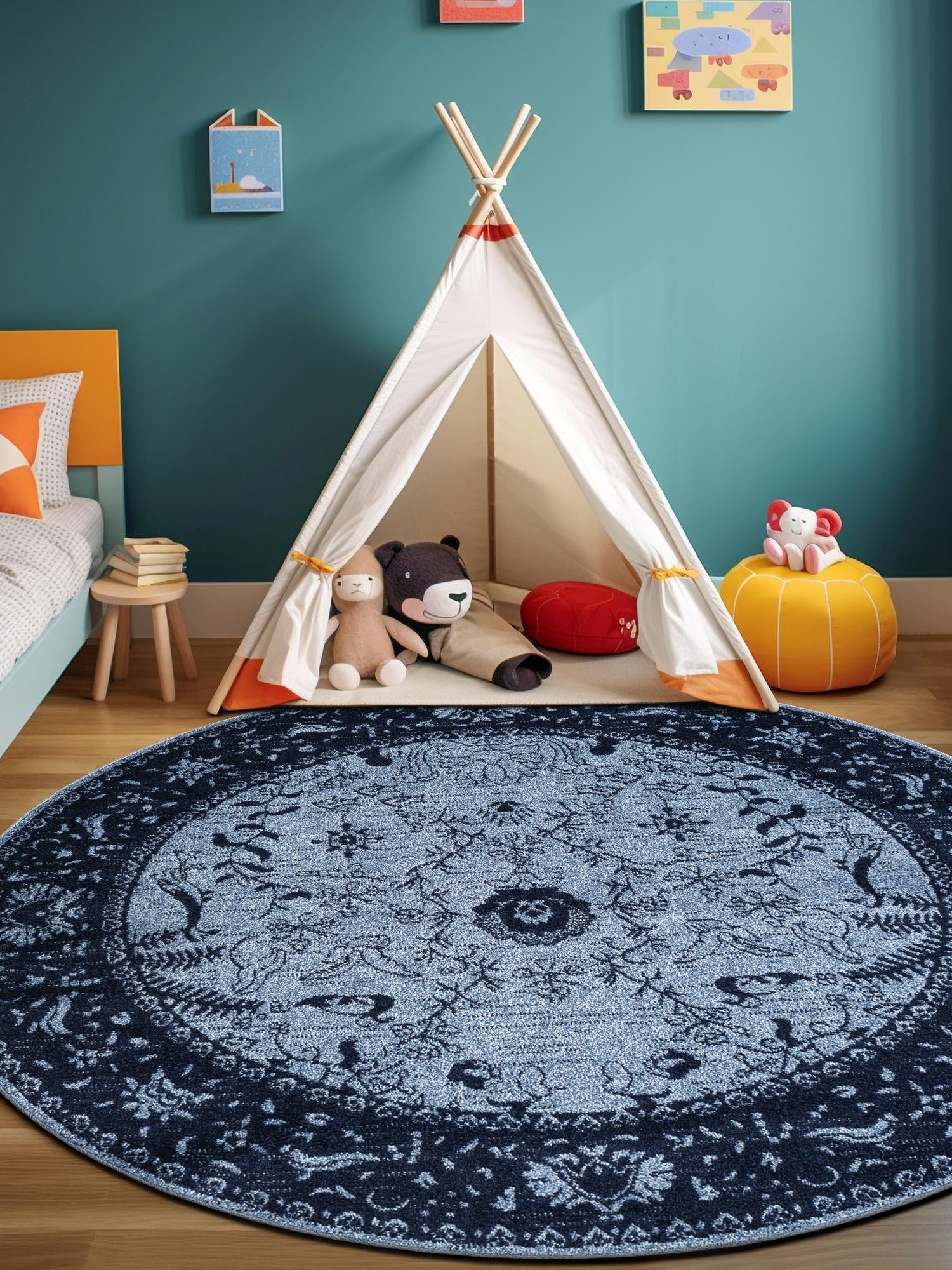 Blue 6' 1 x 6' 1 La Jolla Round Area Rug 100% Polypropylene Traditional Pattern Easy Clean Carpet for Living, Dining, Bedroom, Office for Sale at Rug Engine