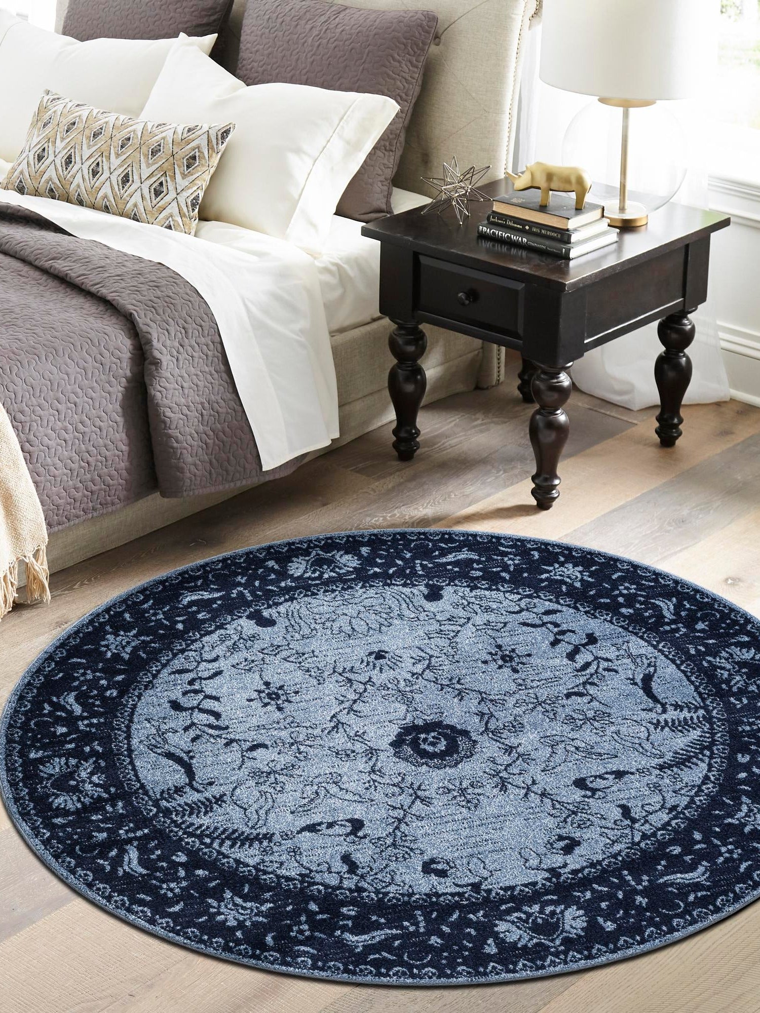 Blue 7' 10 x 7' 10 La Jolla Round Area Rug 100% Polypropylene Traditional Pattern Easy Clean Carpet for Living, Dining, Bedroom, Office for Sale at Rug Engine