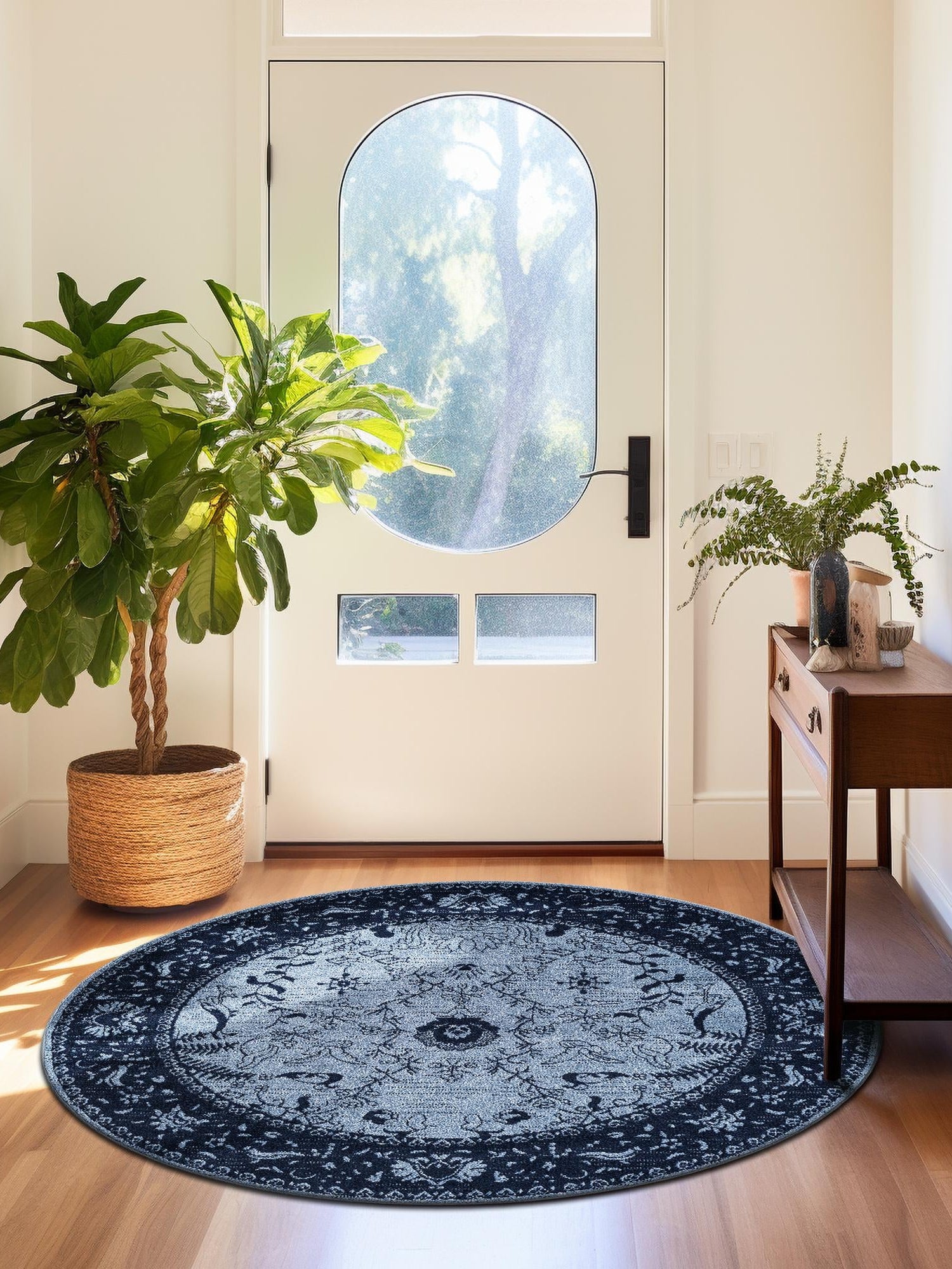 Blue 6' 1 x 6' 1 La Jolla Round Area Rug 100% Polypropylene Traditional Pattern Easy Clean Carpet for Living, Dining, Bedroom, Office for Sale at Rug Engine