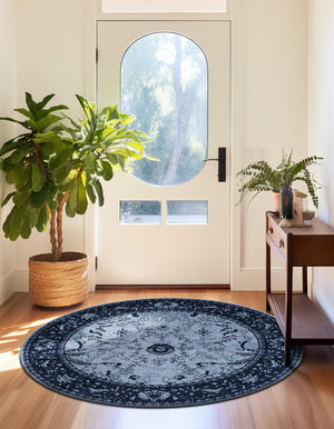 Blue 6' 1 x 6' 1 La Jolla Round Area Rug 100% Polypropylene Traditional Pattern Easy Clean Carpet for Living, Dining, Bedroom, Office for Sale at Rug Engine