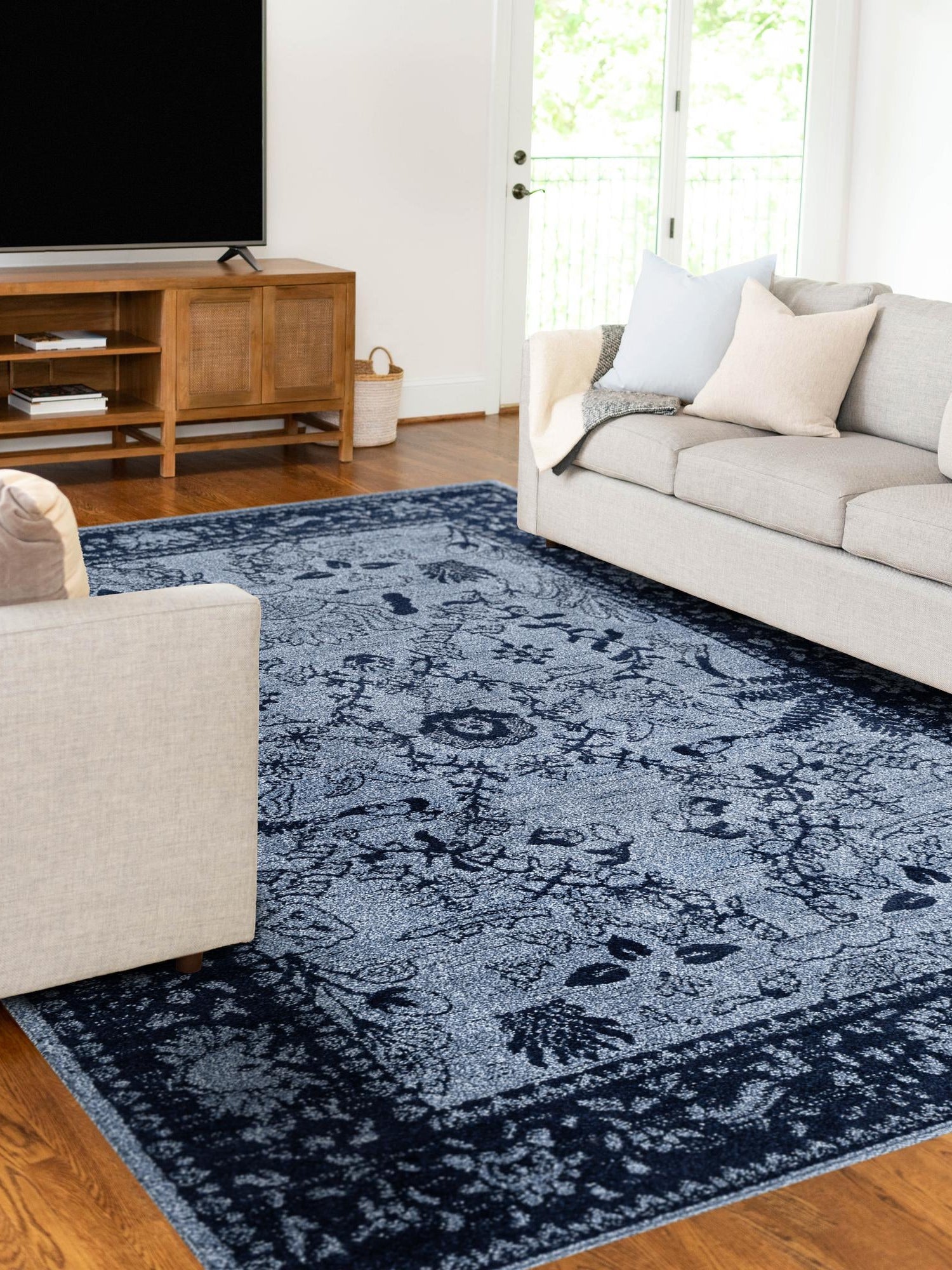 Blue 7' 10 x 11' La Jolla Rectangle Area Rug 100% Polypropylene Traditional Pattern Easy Clean Carpet for Living, Dining, Bedroom, Office for Sale at Rug Engine