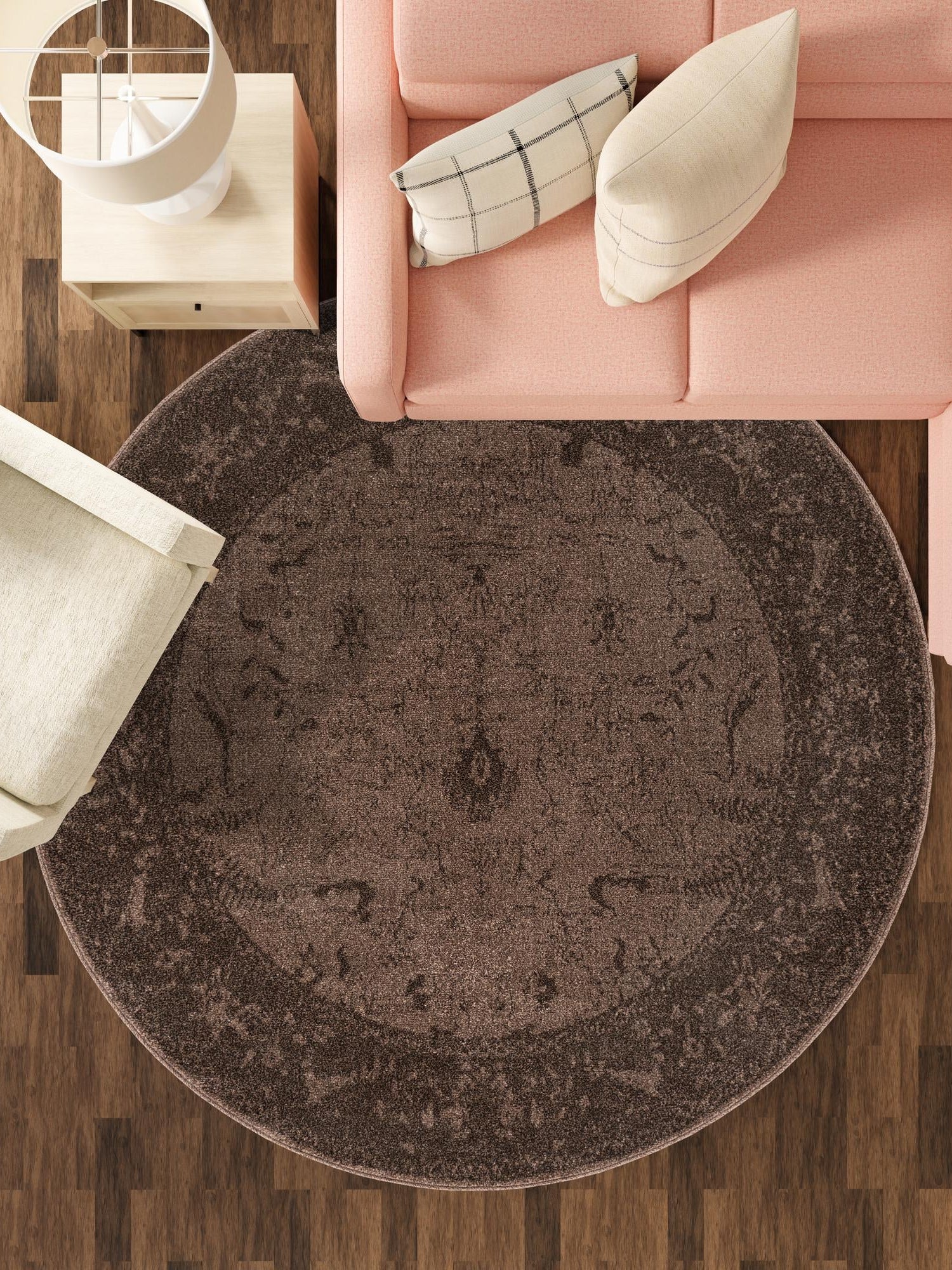 Brown 7' 10 x 7' 10 La Jolla Round Area Rug 100% Polypropylene Traditional Pattern Easy Clean Carpet for Living, Dining, Bedroom, Office for Sale at Rug Engine