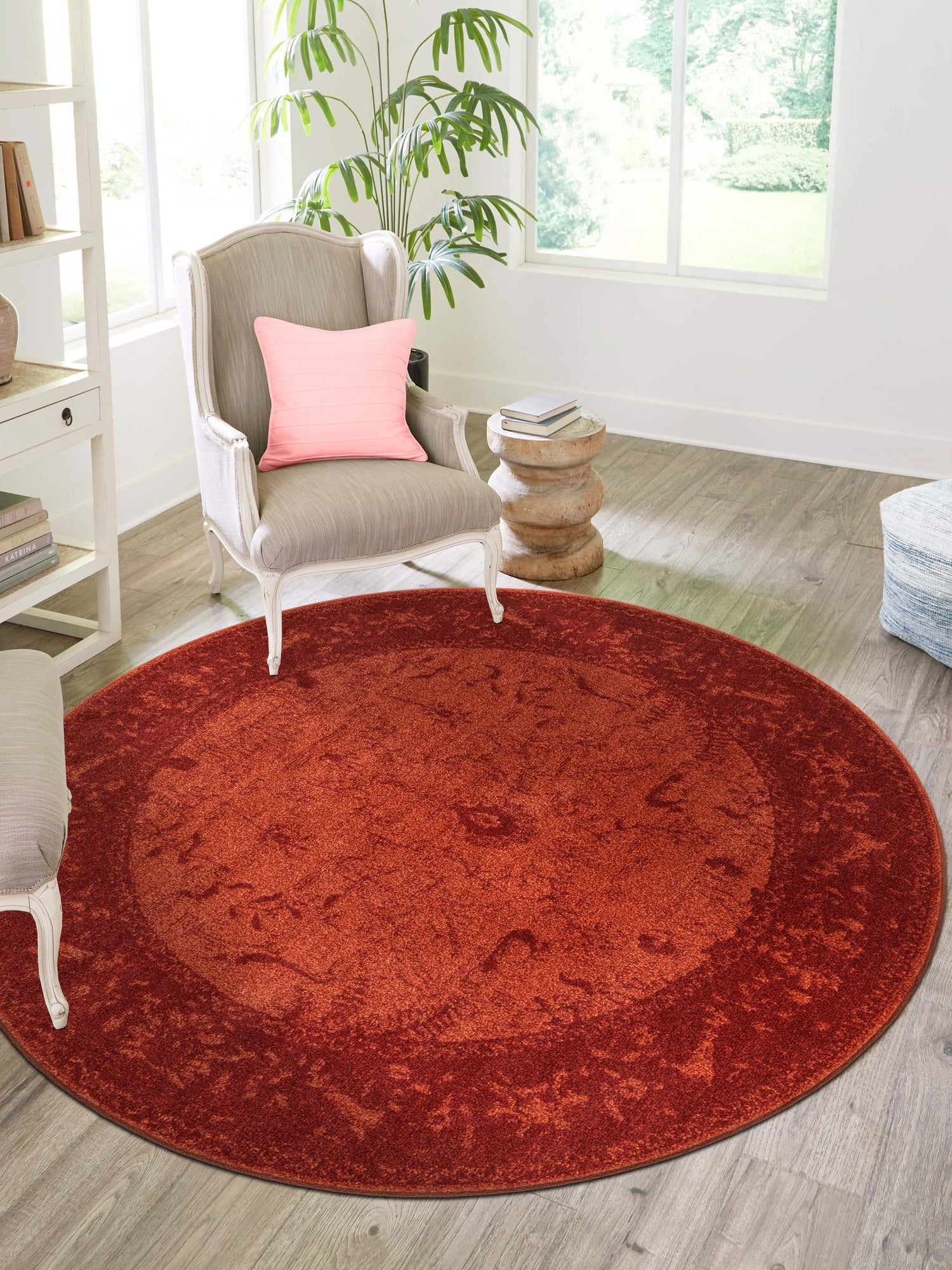 Rust Red 7' 10 x 7' 10 La Jolla Round Area Rug 100% Polypropylene Traditional Pattern Easy Clean Carpet for Living, Dining, Bedroom, Office for Sale at Rug Engine