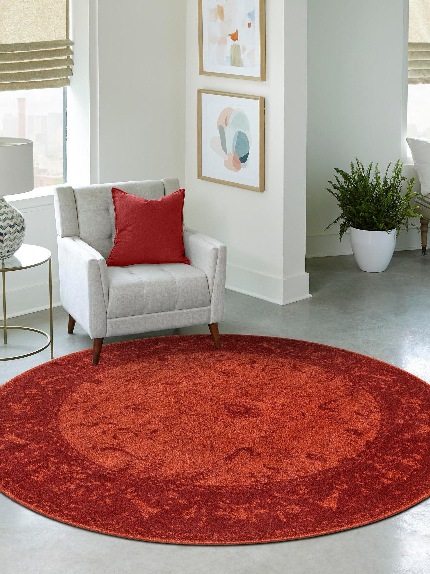 Rust Red 7' 10 x 7' 10 La Jolla Round Area Rug 100% Polypropylene Traditional Pattern Easy Clean Carpet for Living, Dining, Bedroom, Office for Sale at Rug Engine