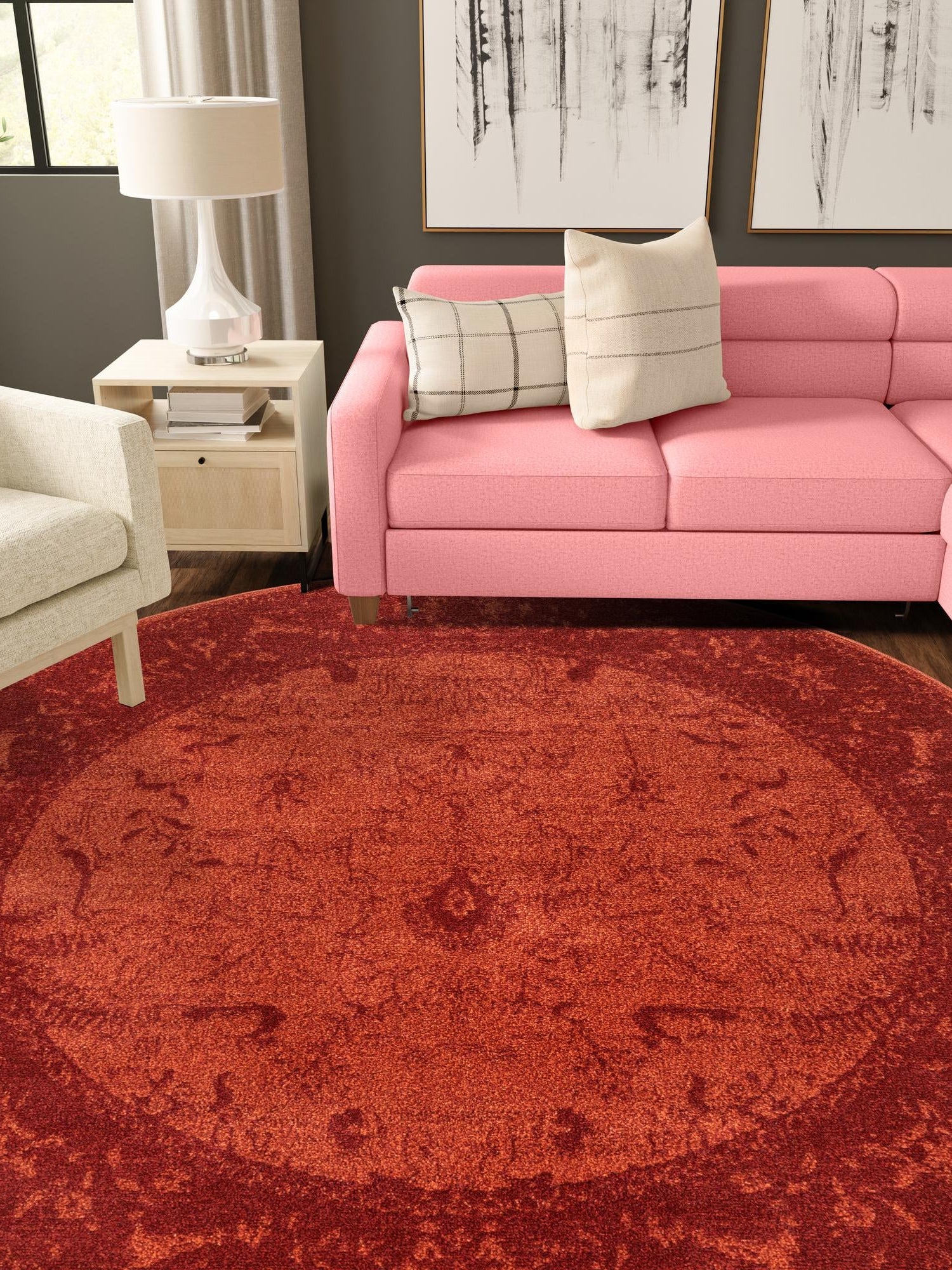 Rust Red 7' 10 x 7' 10 La Jolla Round Area Rug 100% Polypropylene Traditional Pattern Easy Clean Carpet for Living, Dining, Bedroom, Office for Sale at Rug Engine