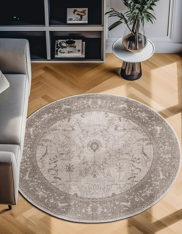 Light Gray 7' 10 x 7' 10 La Jolla Round Area Rug 100% Polypropylene Traditional Pattern Easy Clean Carpet for Living, Dining, Bedroom, Office for Sale at Rug Engine
