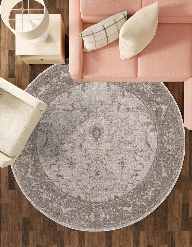 Light Gray 7' 10 x 7' 10 La Jolla Round Area Rug 100% Polypropylene Traditional Pattern Easy Clean Carpet for Living, Dining, Bedroom, Office for Sale at Rug Engine