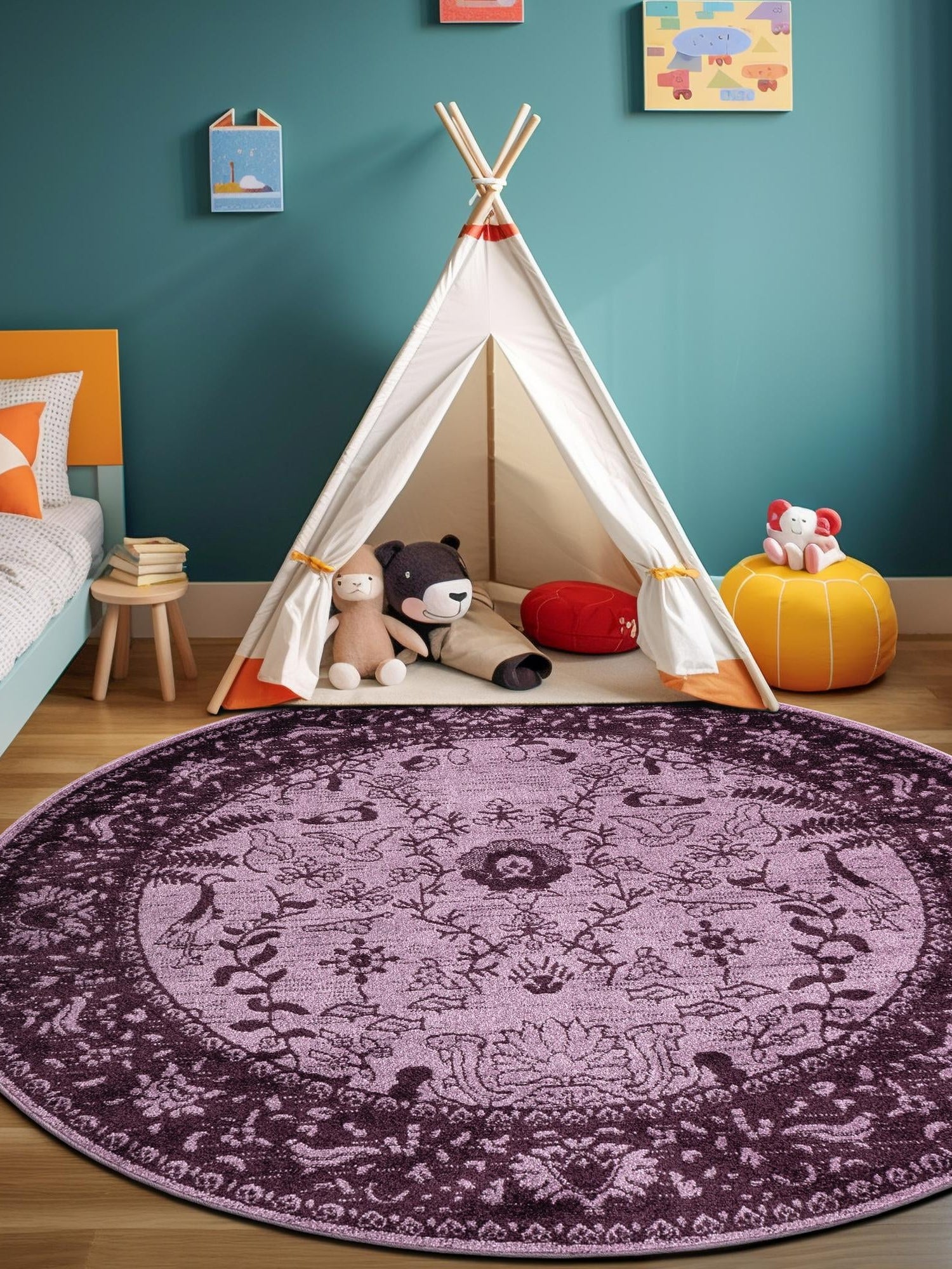 Purple 7' 10 x 7' 10 La Jolla Round Area Rug 100% Polypropylene Traditional Pattern Easy Clean Carpet for Living, Dining, Bedroom, Office for Sale at Rug Engine