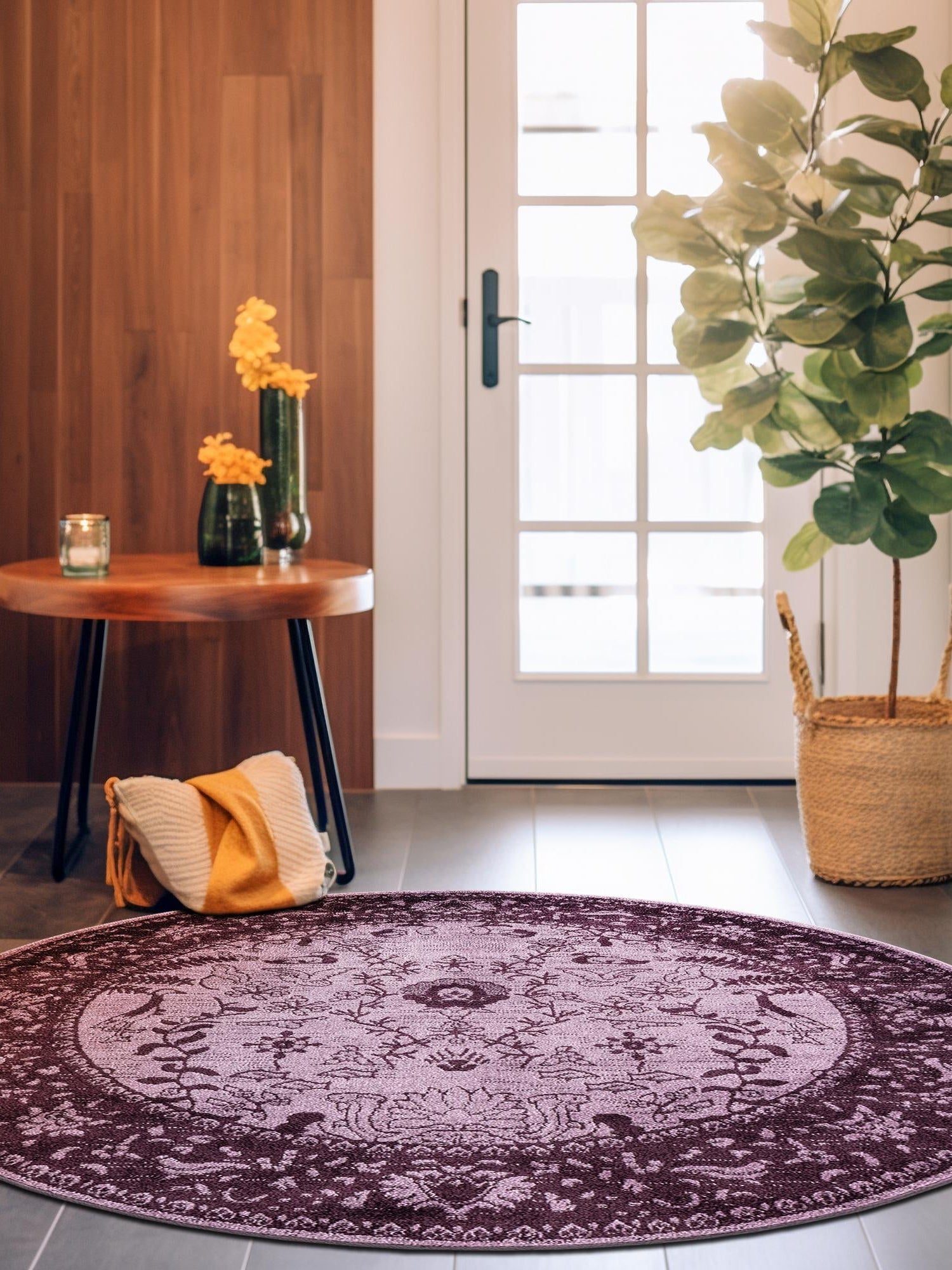 Purple 6' 1 x 6' 1 La Jolla Round Area Rug 100% Polypropylene Traditional Pattern Easy Clean Carpet for Living, Dining, Bedroom, Office for Sale at Rug Engine