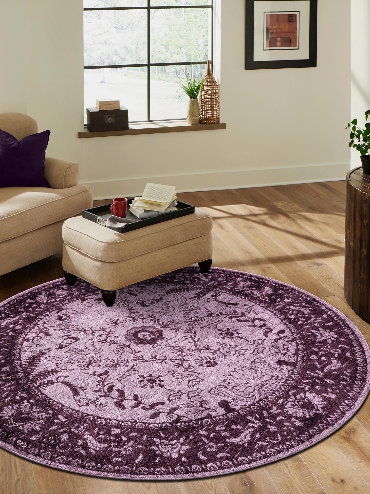 Purple 6' 1 x 6' 1 La Jolla Round Area Rug 100% Polypropylene Traditional Pattern Easy Clean Carpet for Living, Dining, Bedroom, Office for Sale at Rug Engine