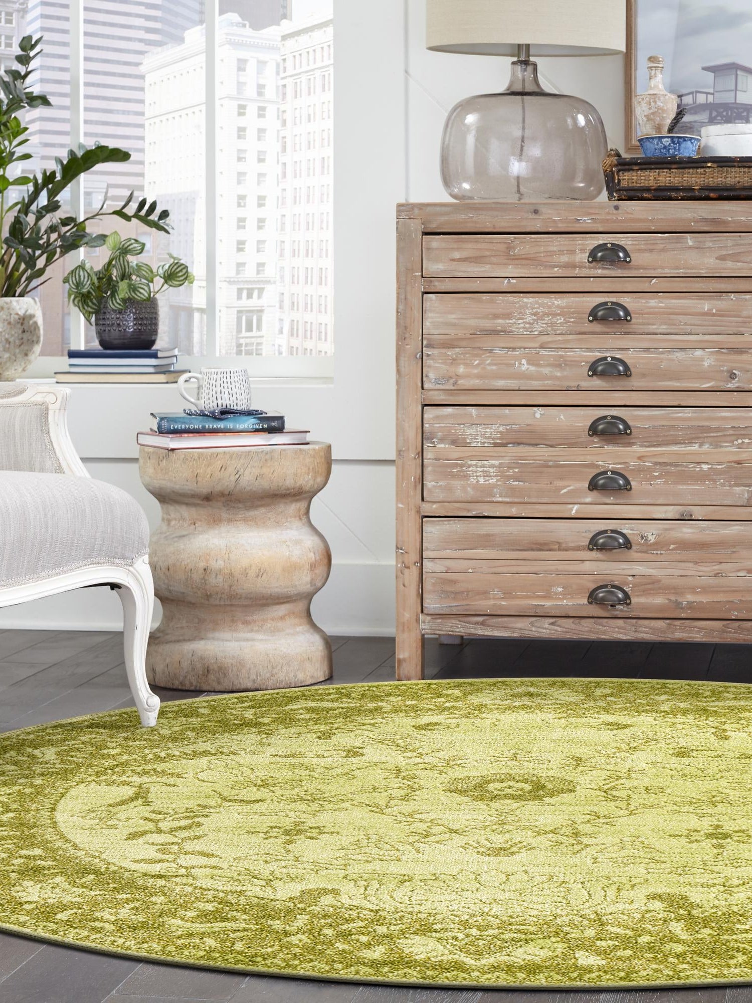 Light Green 6' 1 x 6' 1 La Jolla Round Area Rug 100% Polypropylene Traditional Pattern Easy Clean Carpet for Living, Dining, Bedroom, Office for Sale at Rug Engine