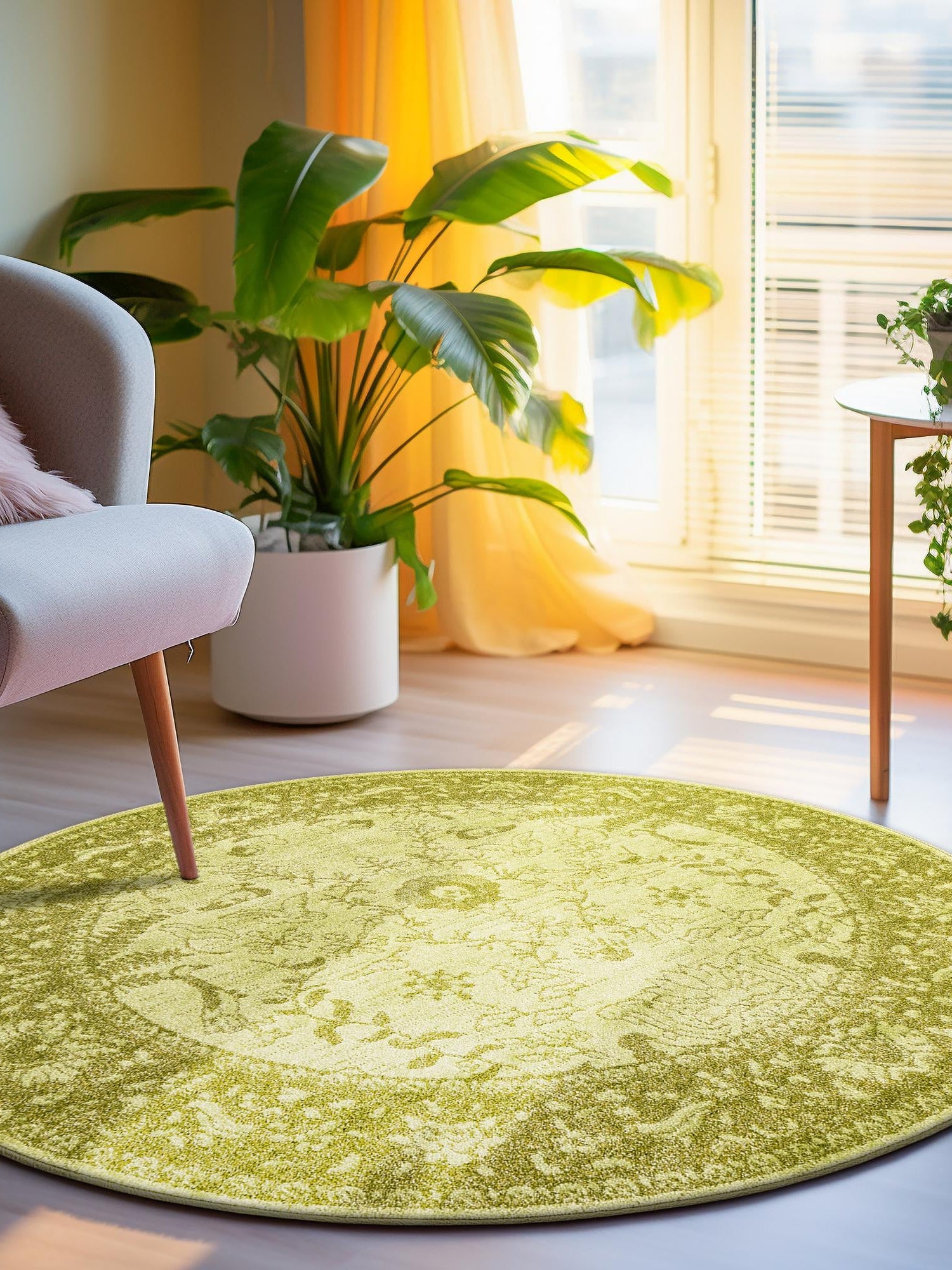 Light Green 6' 1 x 6' 1 La Jolla Round Area Rug 100% Polypropylene Traditional Pattern Easy Clean Carpet for Living, Dining, Bedroom, Office for Sale at Rug Engine