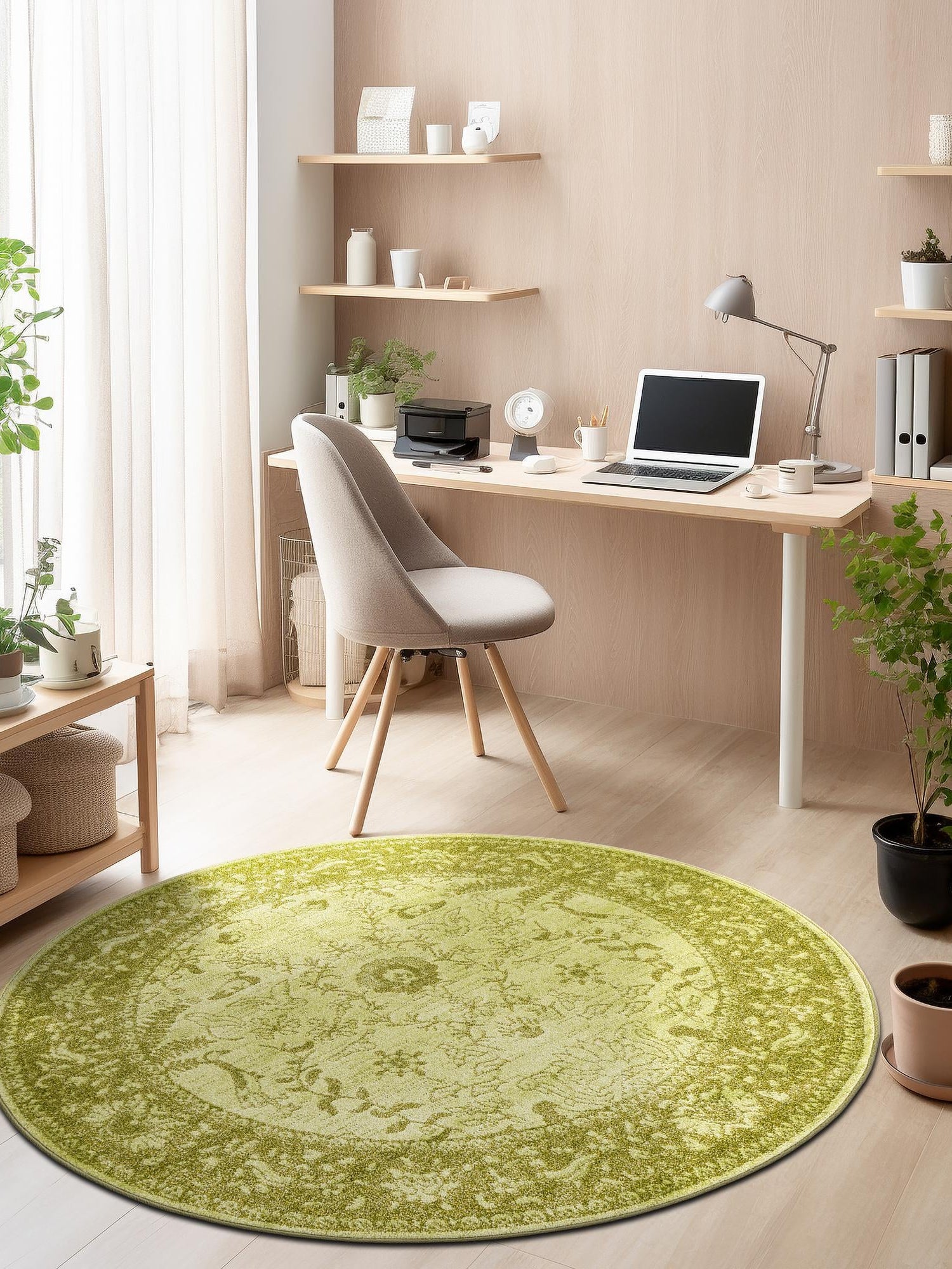 Light Green 6' 1 x 6' 1 La Jolla Round Area Rug 100% Polypropylene Traditional Pattern Easy Clean Carpet for Living, Dining, Bedroom, Office for Sale at Rug Engine