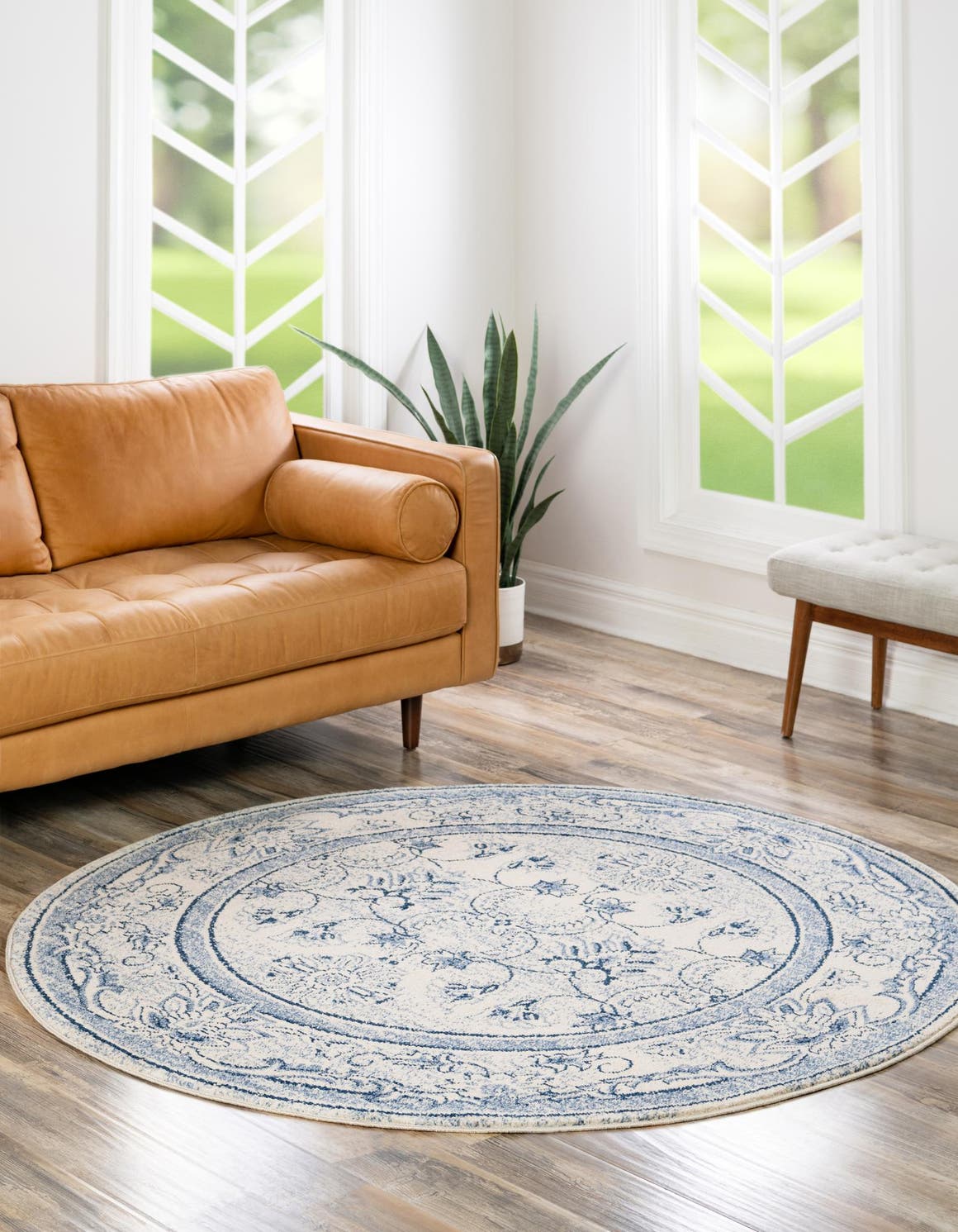 Ivory Blue 7' 10 x 7' 10 La Jolla Round Area Rug 100% Polypropylene Traditional Pattern Easy Clean Carpet for Living, Dining, Bedroom, Office for Sale at Rug Engine