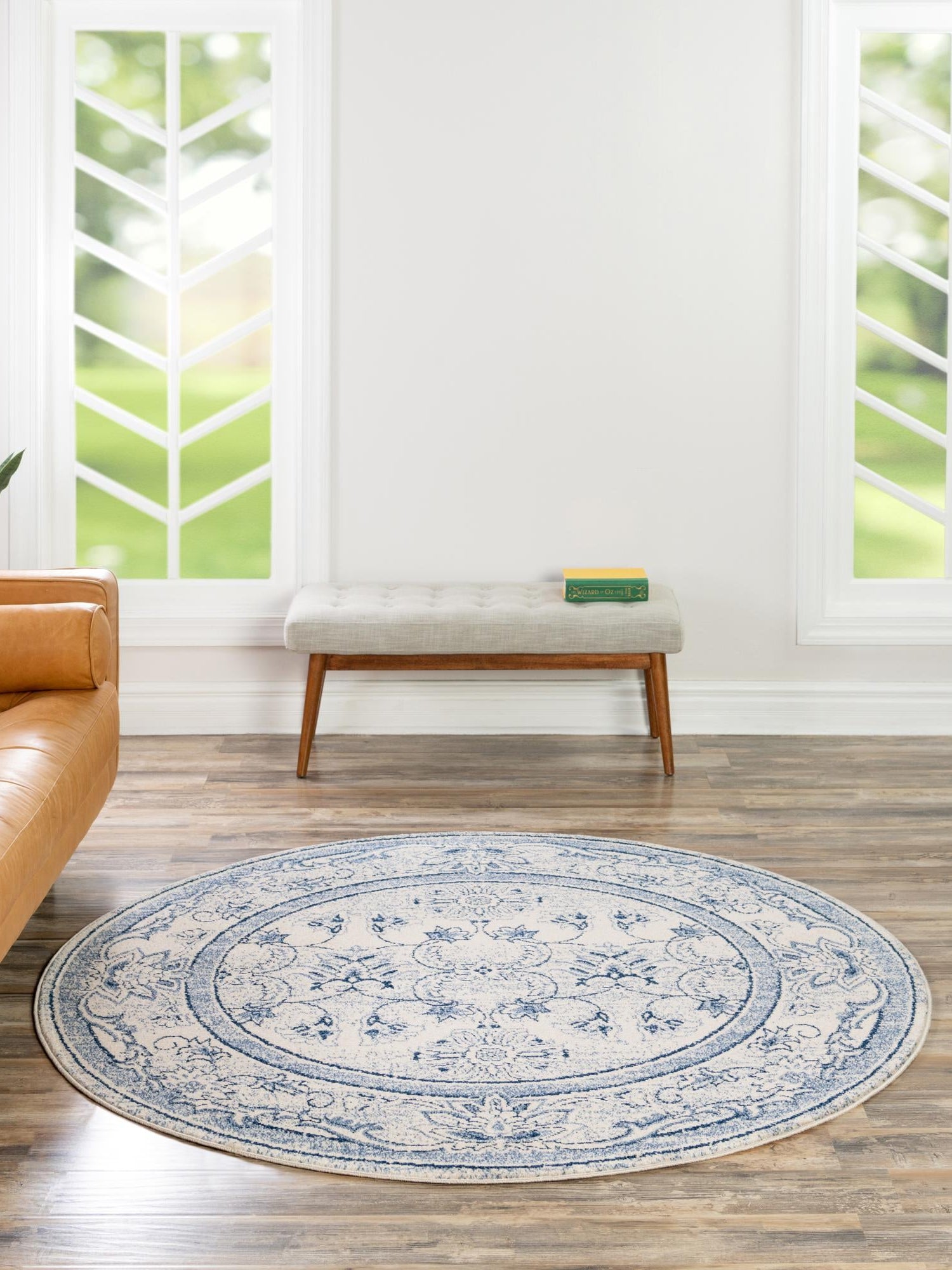 Ivory Blue 7' 10 x 7' 10 La Jolla Round Area Rug 100% Polypropylene Traditional Pattern Easy Clean Carpet for Living, Dining, Bedroom, Office for Sale at Rug Engine